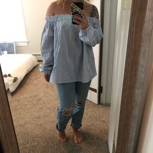 Off the shoulder blue and white striped shirt